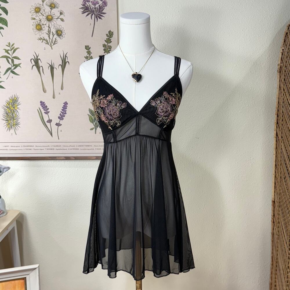 Sheer Mesh Floral Embroidered Babydoll Slip Dress Whimsigoth Sexy Romantic XS